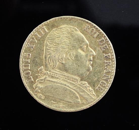 A French 20 Franc gold coin, 1814A, 6.4g, GVF